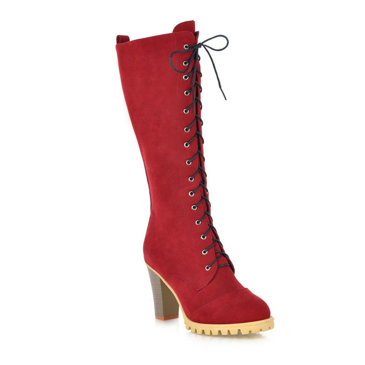 Women's High Heel Chunky Block Lace-Up High Shaft Fashion Boots