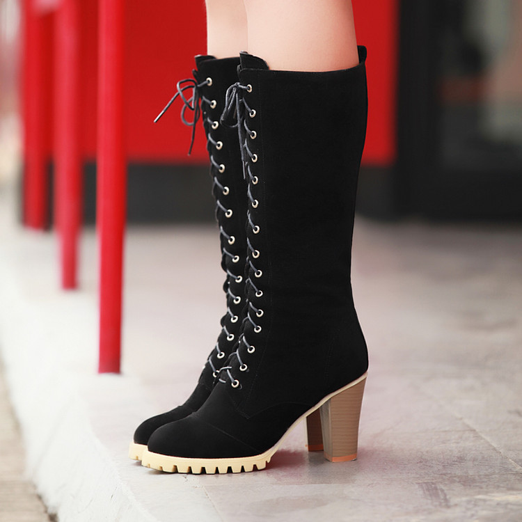 Women's High Heel Chunky Block Lace-Up High Shaft Fashion Boots