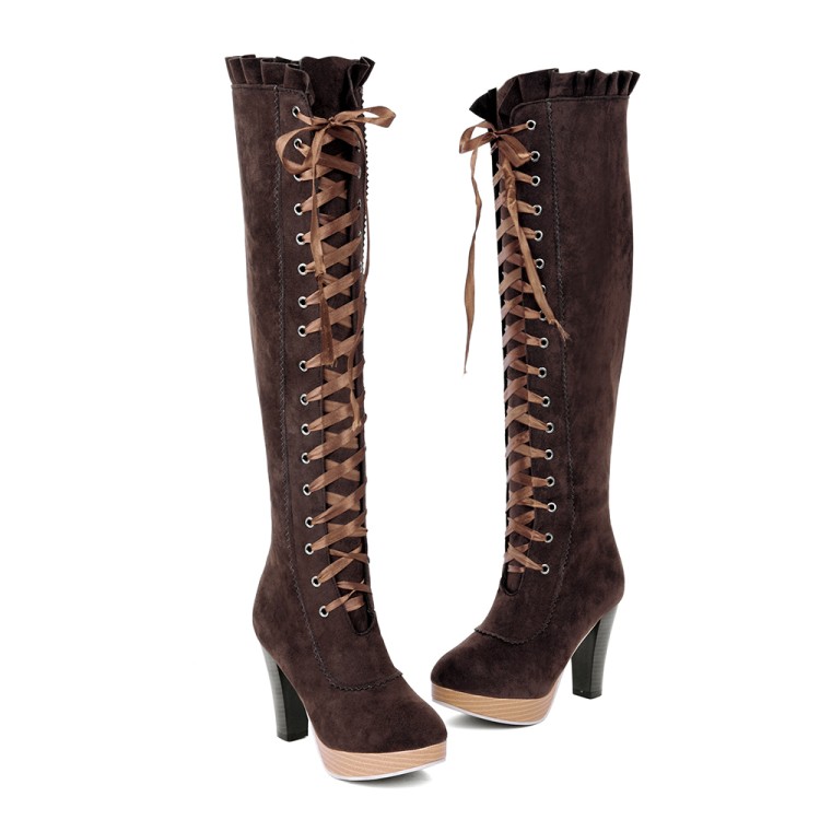 Women's High Shaft Fashion Boots with Ribbon Lace-Up and Platform