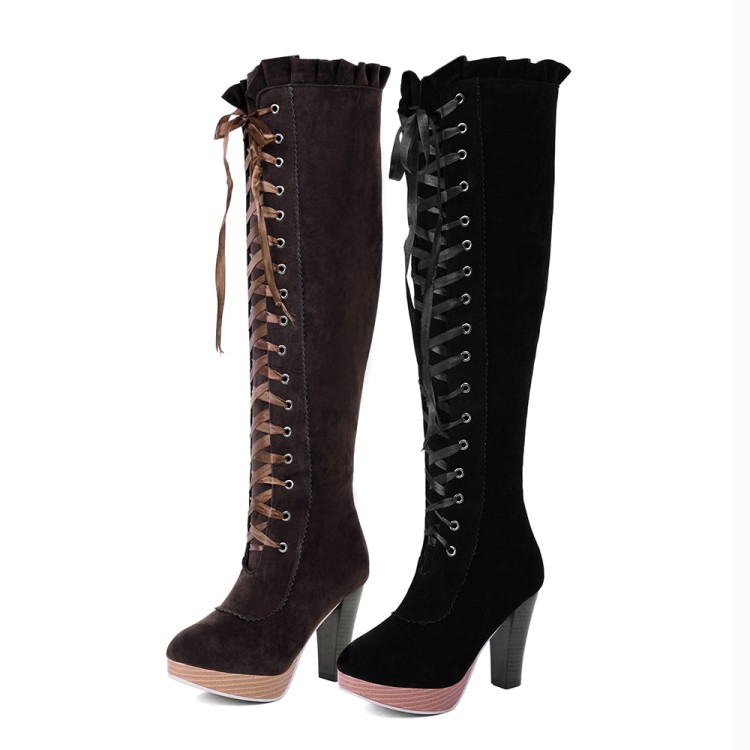 Women's High Shaft Fashion Boots with Ribbon Lace-Up and Platform