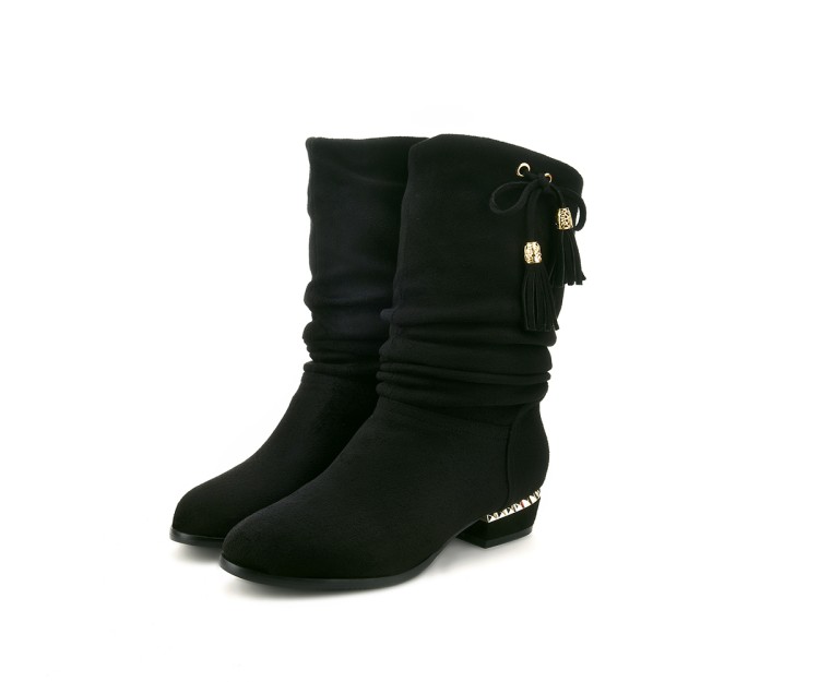 Suede Tassel Mid-Calf Boots with Low Square Heel