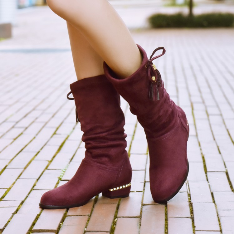 Suede Tassel Mid-Calf Boots with Low Square Heel