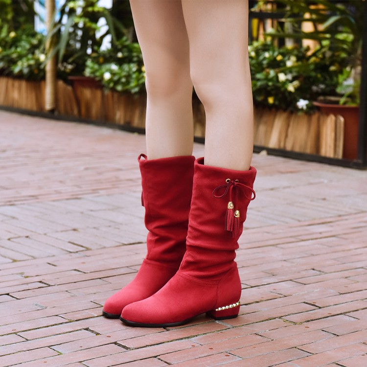 Suede Tassel Mid-Calf Boots with Low Square Heel