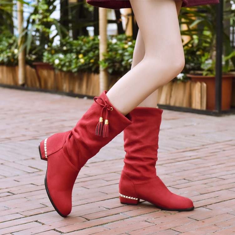 Suede Tassel Mid-Calf Boots with Low Square Heel