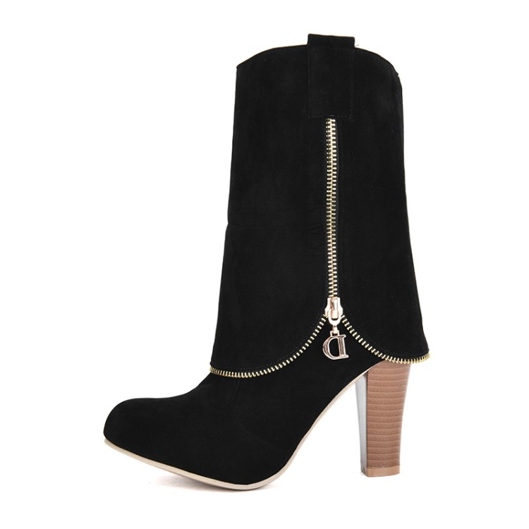 Suede High Heel Chunky Mid Calf Fashion Boots