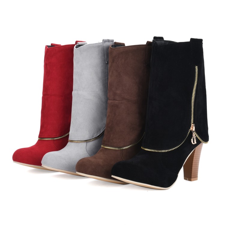Suede High Heel Chunky Mid Calf Fashion Boots