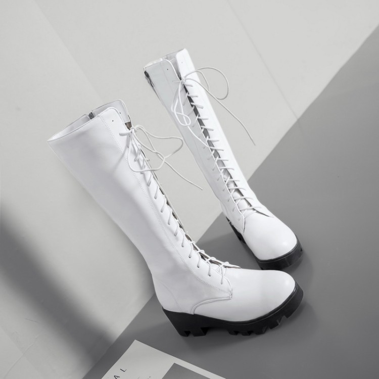 Women's High Heel High Shaft Fashion Boots with Side Zipper and Cross Lace-Up