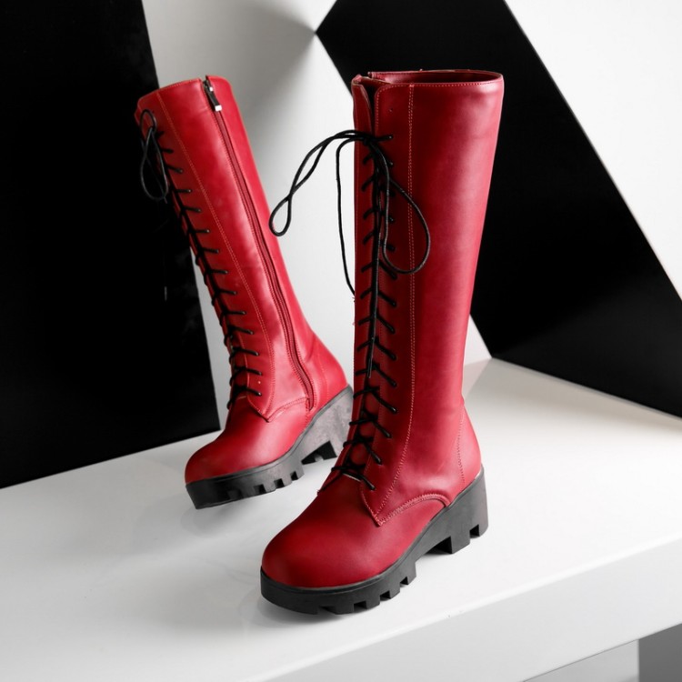 Women's High Heel High Shaft Fashion Boots with Side Zipper and Cross Lace-Up