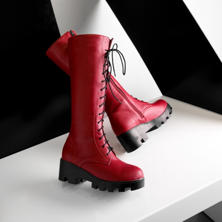 Women's High Heel High Shaft Fashion Boots with Side Zipper and Cross Lace-Up