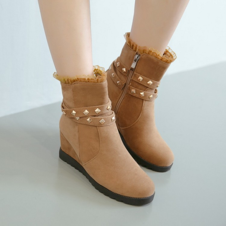 Women's Suede High Heel Ankle Boots with Metal Studs and Side Zipper