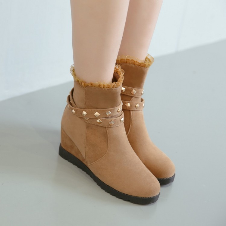 Women's Suede High Heel Ankle Boots with Metal Studs and Side Zipper