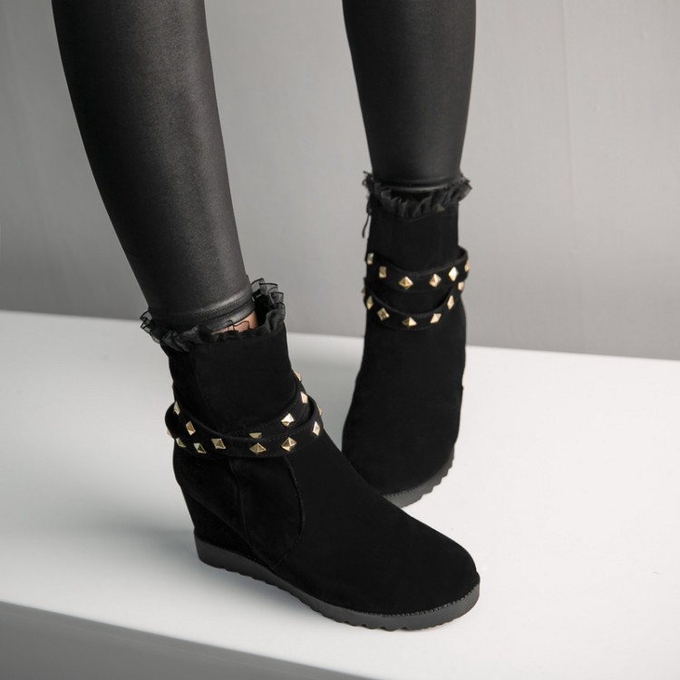 Women's Suede High Heel Ankle Boots with Metal Studs and Side Zipper