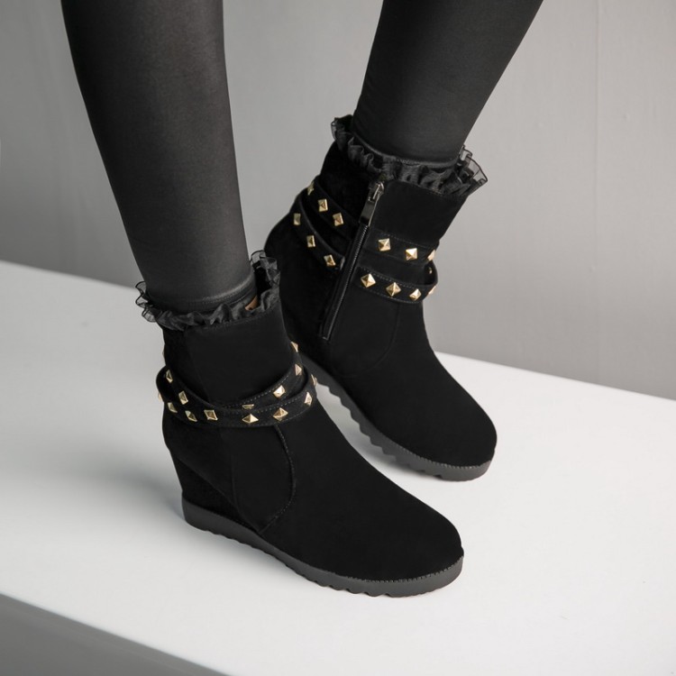 Women's Suede High Heel Ankle Boots with Metal Studs and Side Zipper