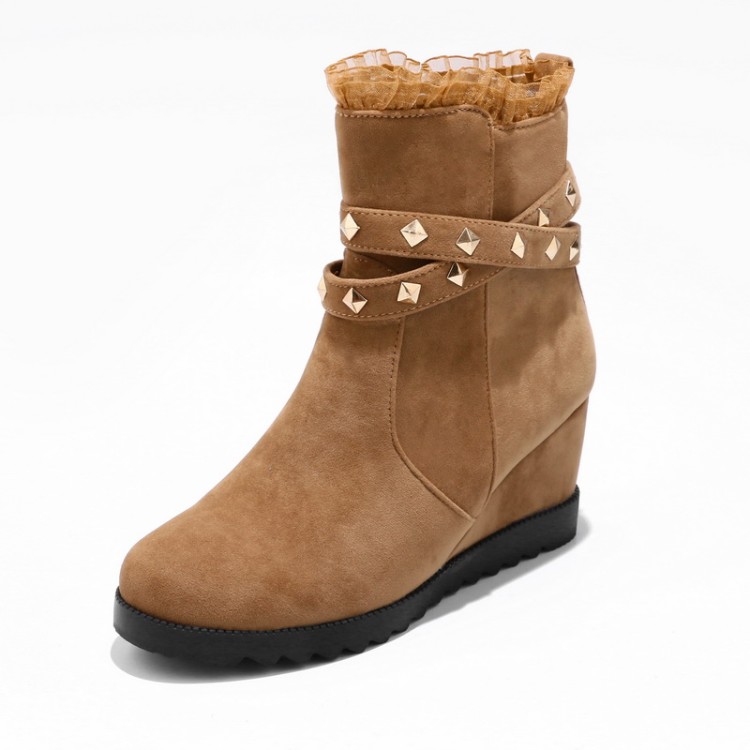 Women's Suede High Heel Ankle Boots with Metal Studs and Side Zipper