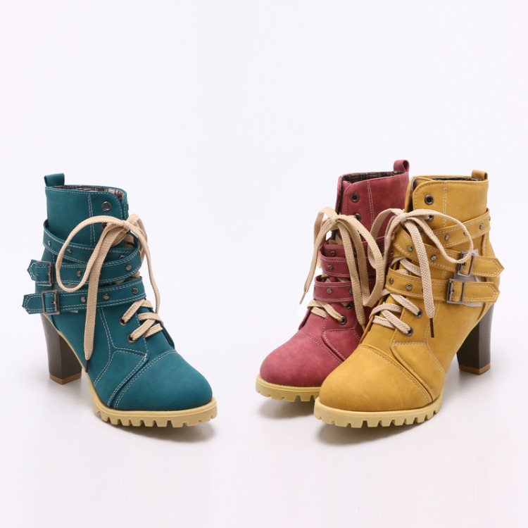 Women's High Heel Western Ankle Boots with Cross Lace-Up and Buckle