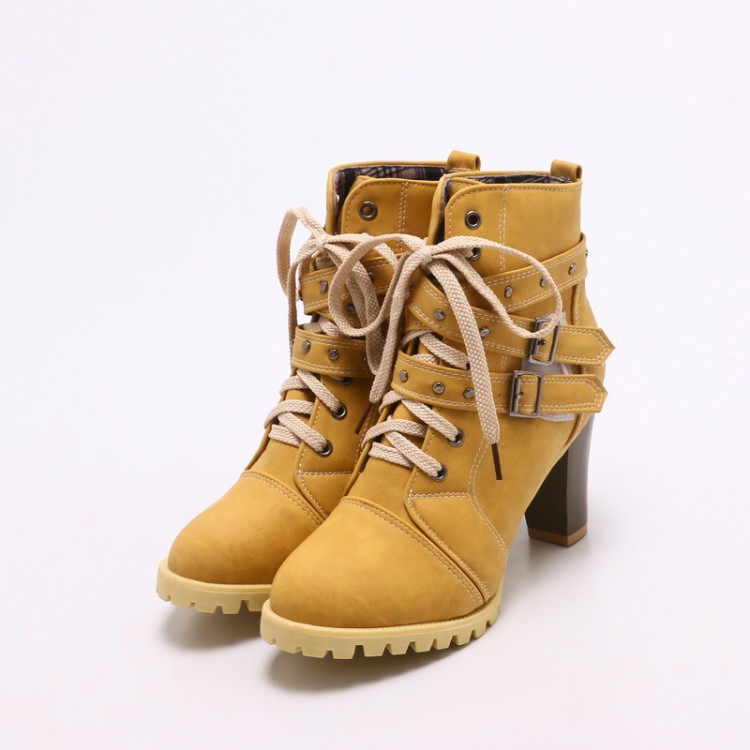 Women's High Heel Western Ankle Boots with Cross Lace-Up and Buckle