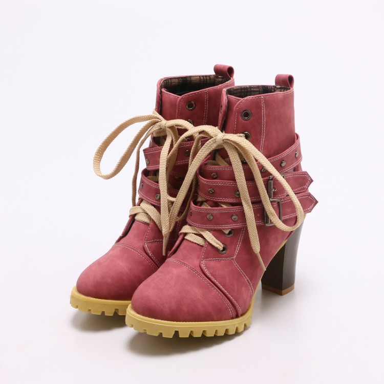 Women's High Heel Western Ankle Boots with Cross Lace-Up and Buckle