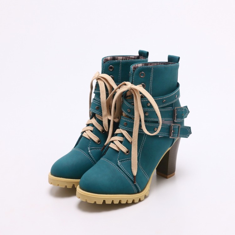 Women's High Heel Western Ankle Boots with Cross Lace-Up and Buckle
