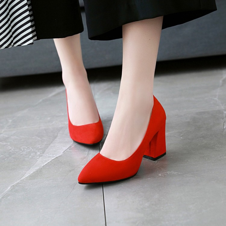 Korean Style High Heel Chunky Pump in Suede