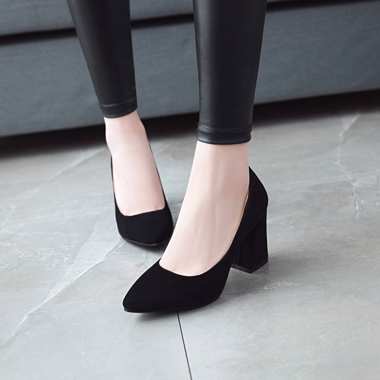 Korean Style High Heel Chunky Pump in Suede