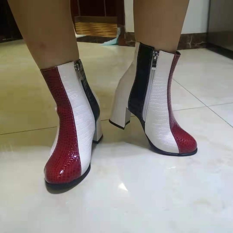 Ostrich Leather Round Toe Mid Heel Short Fashion Boots