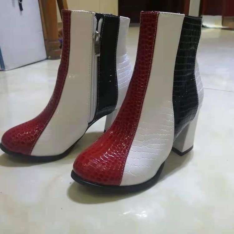 Ostrich Leather Round Toe Mid Heel Short Fashion Boots
