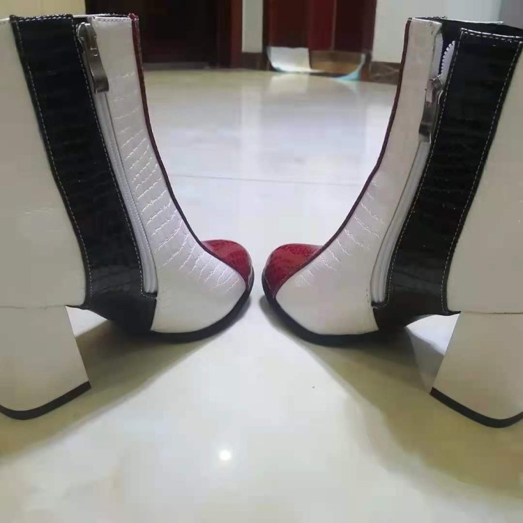 Ostrich Leather Round Toe Mid Heel Short Fashion Boots