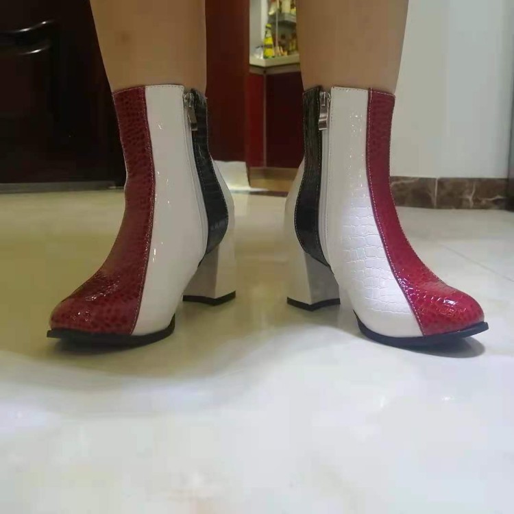 Ostrich Leather Round Toe Mid Heel Short Fashion Boots