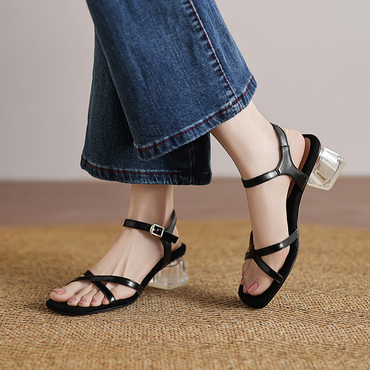 Women's Open Toe Sandals Low Top Chunky Heel T-Strap Silver Black