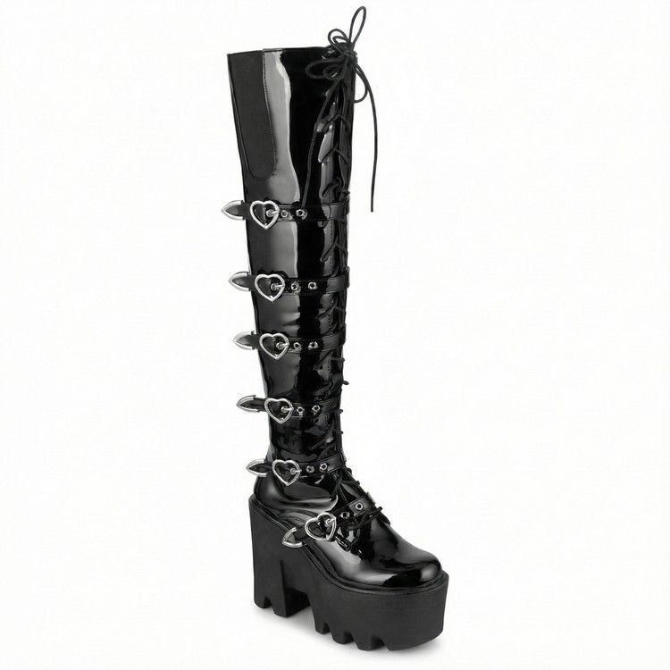 Women's Over-the-Knee Platform Boots with Lace-Up and Metal Details