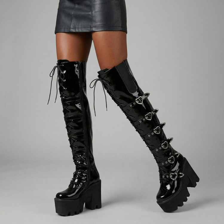 Women's Over-the-Knee Platform Boots with Lace-Up and Metal Details