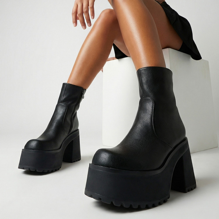 Women's Square Toe Platform Mid-Calf Boots with Side Zipper
