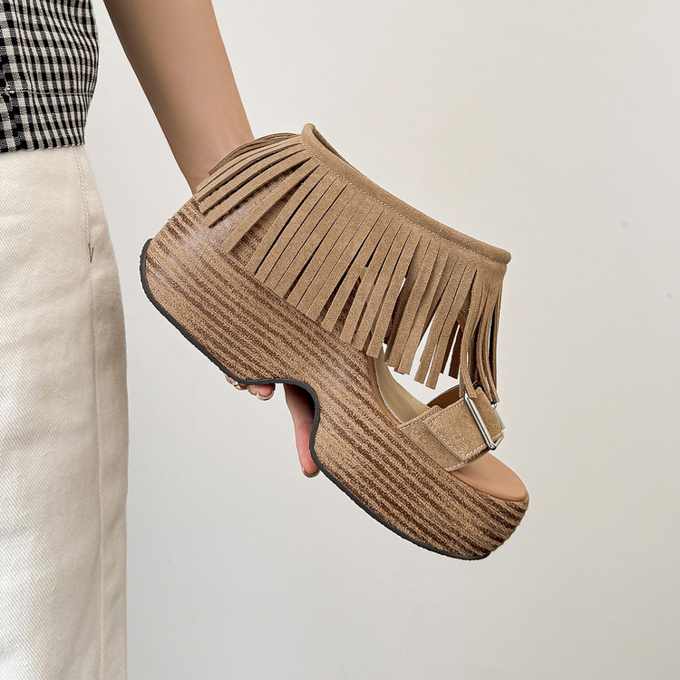 Women's Platform Wedge Sandals with Fringe Low-Top Slip-On