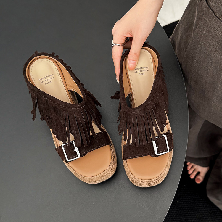 Women's Platform Wedge Sandals with Fringe Low-Top Slip-On