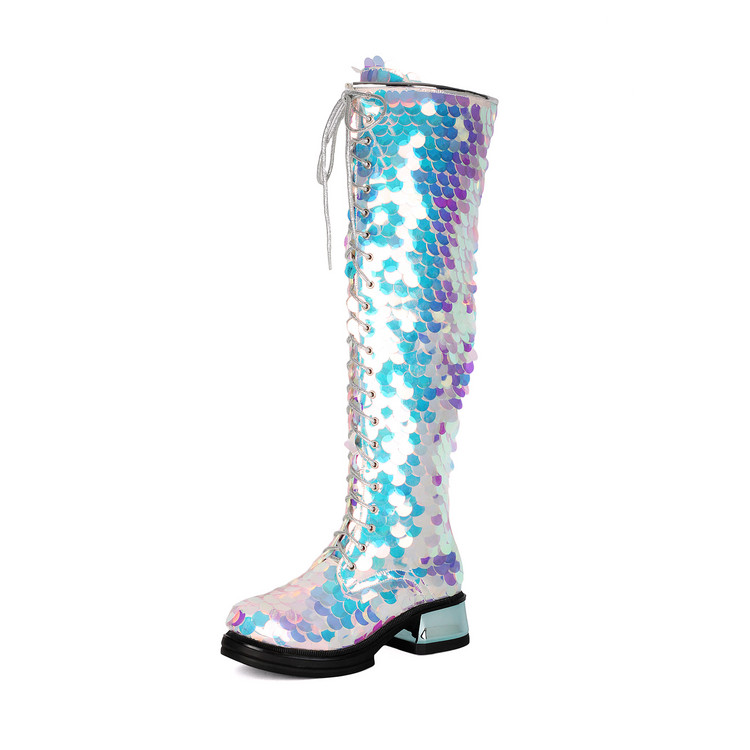 Women's Over-The-Knee Fashion Boots with Sequin Upper and Lace-Up Front
