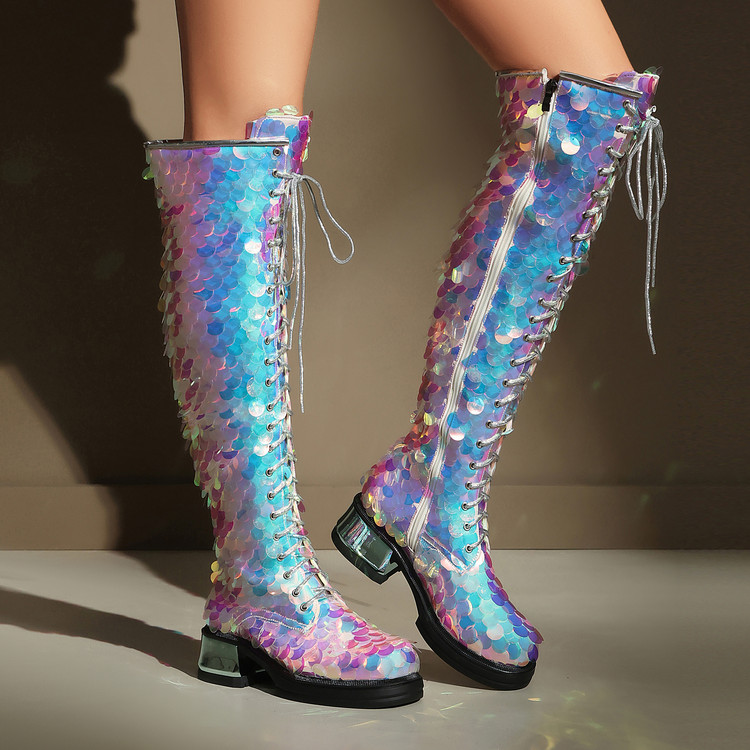 Women's Over-The-Knee Fashion Boots with Sequin Upper and Lace-Up Front