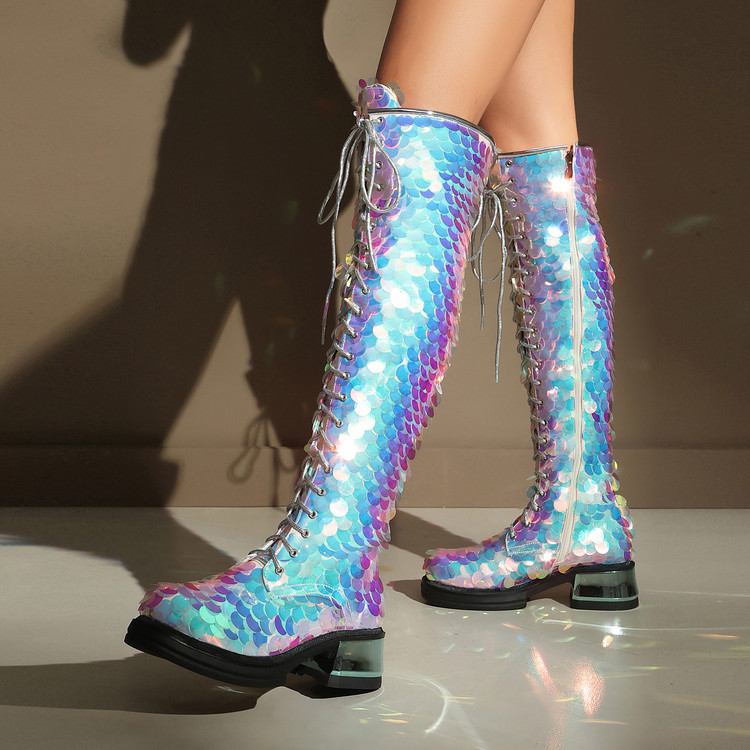 Women's Over-The-Knee Fashion Boots with Sequin Upper and Lace-Up Front